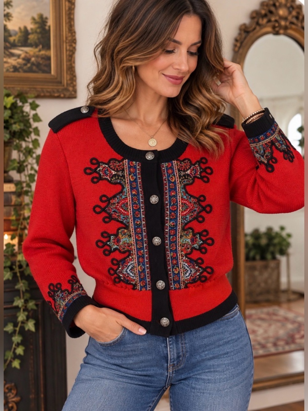 Umi Collections by Anne Commons Red Pattern Mix Knit Cardigan Sweater. Size L
